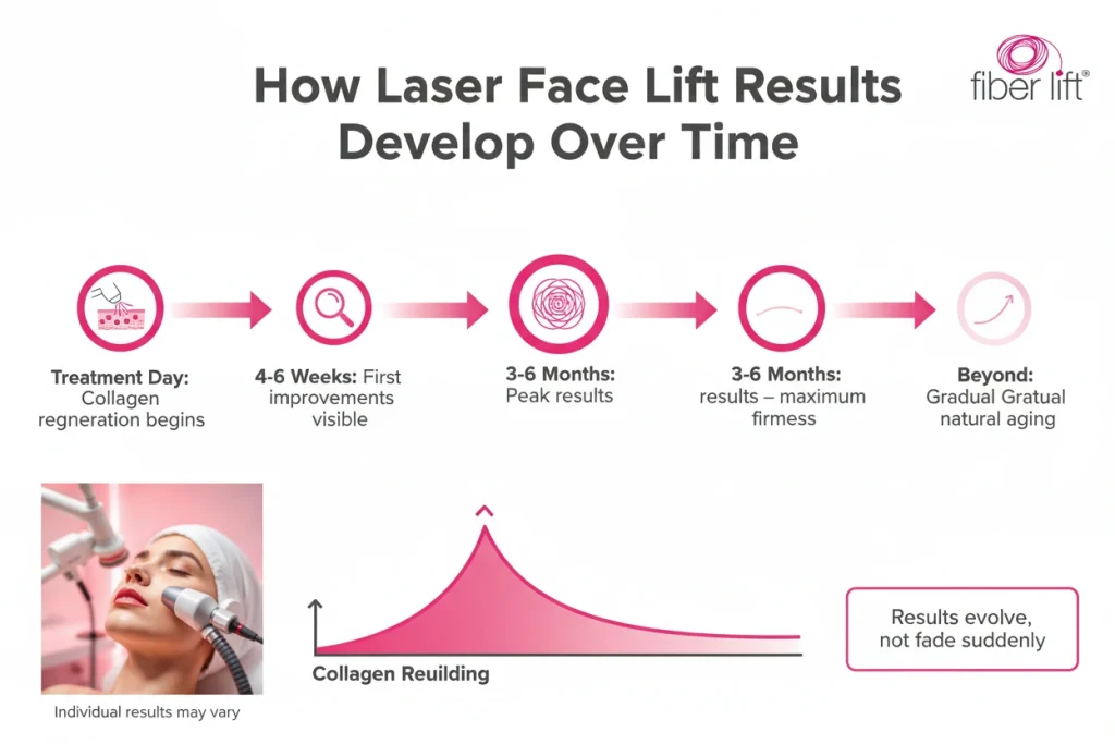 Laser face lift results timeline - collagen regeneration from treatment to peak results at 3-6 months - Fiber Lift