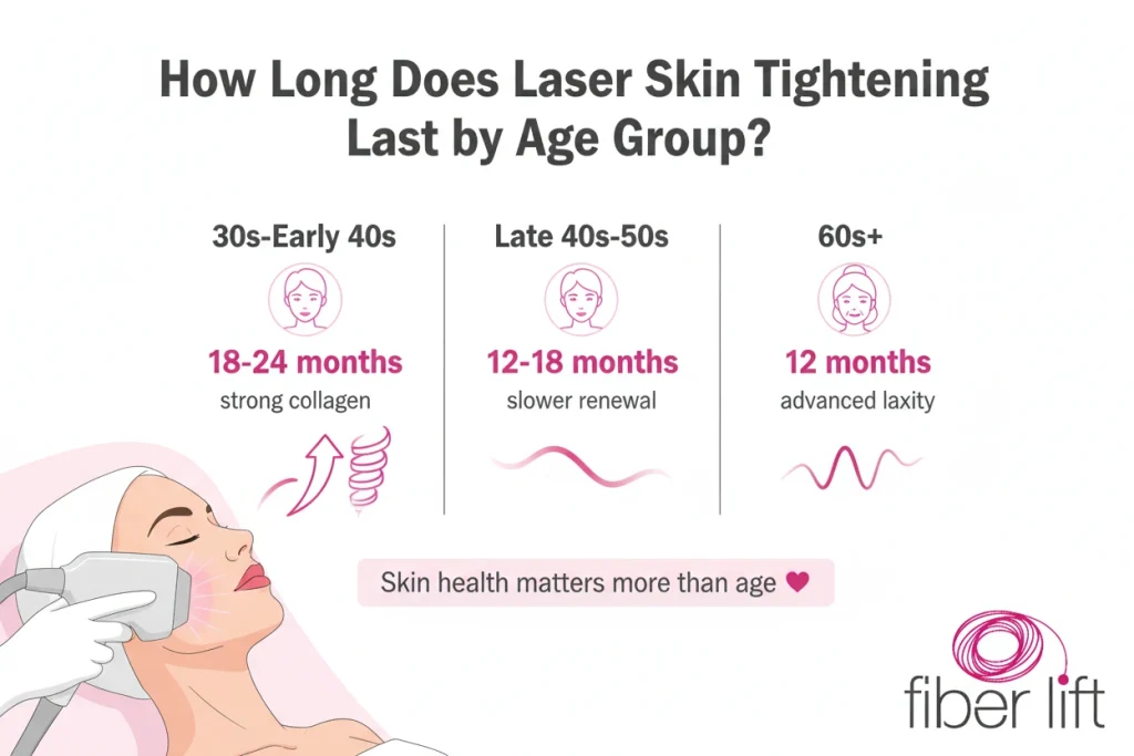Laser skin tightening duration by age group - 20s 30s 40s 50s comparison - Fiber Lift