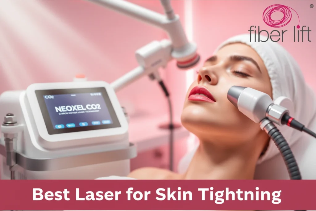 Woman receiving laser skin tightening treatment on face with aesthetic CO2 Laser device