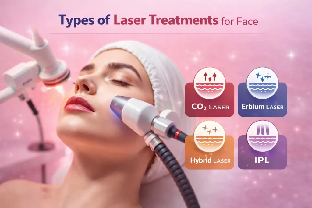 Types of laser treatments for face showing CO2, hybrid, erbium, and IPL procedures